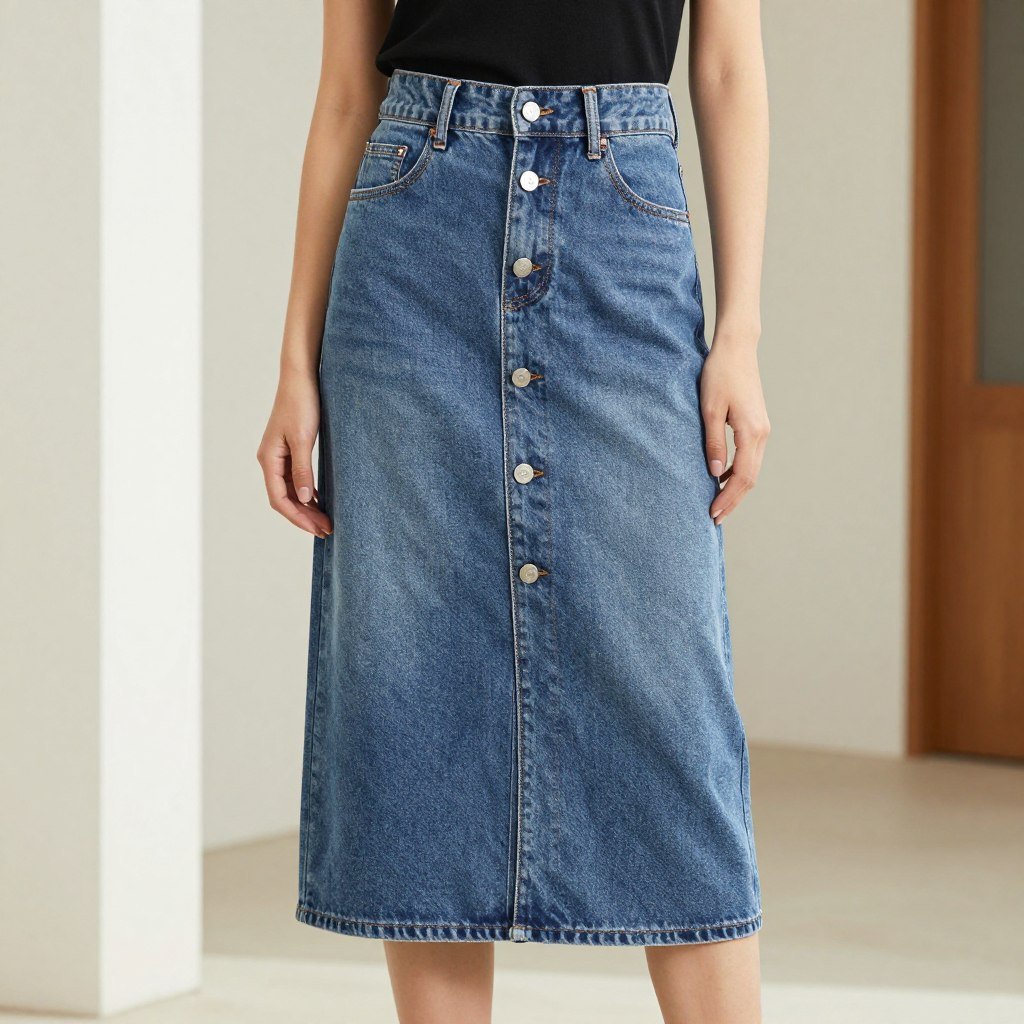 Woman wearing a midi-length jean skirt with button-front detail