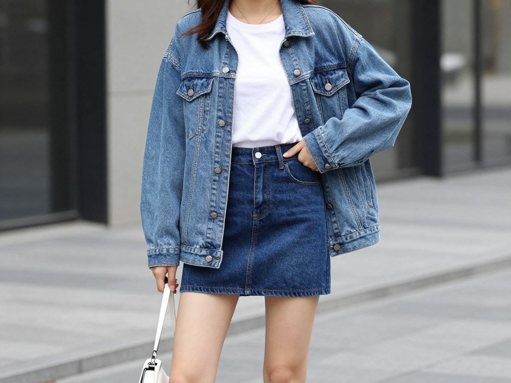 Woman wearing a mini denim skirt with a contrasting denim jacket for a double denim outfit