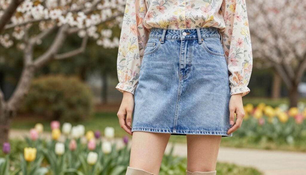 Woman wearing a mini denim skirt with a floral blouse and ankle boots for spring