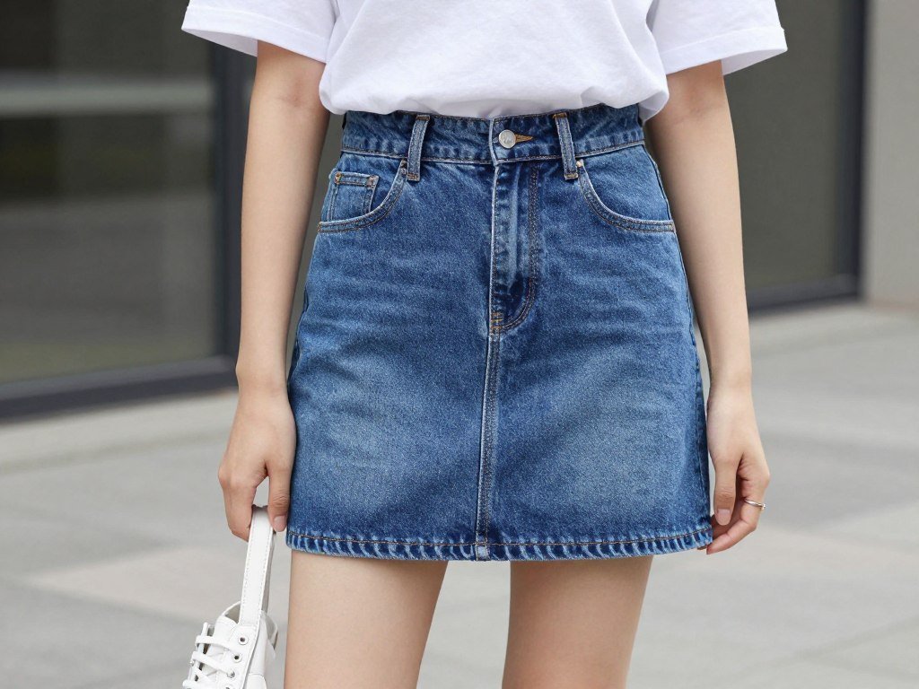 Woman wearing a mini denim skirt with a white t-shirt and sneakers for a casual mini denim skirt outfit