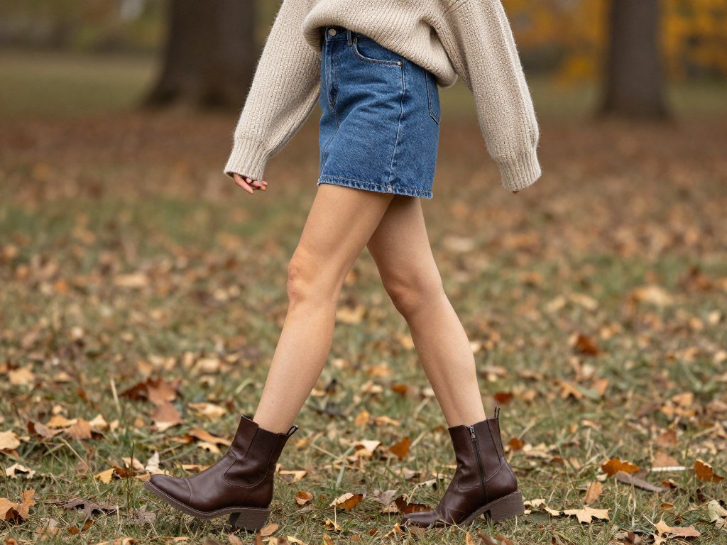 Woman wearing a mini denim skirt with an oversized sweater and ankle boots for fall