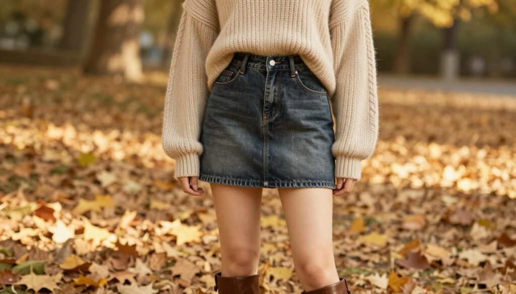 Woman wearing a mini denim skirt with an oversized sweater and knee-high boots for fall