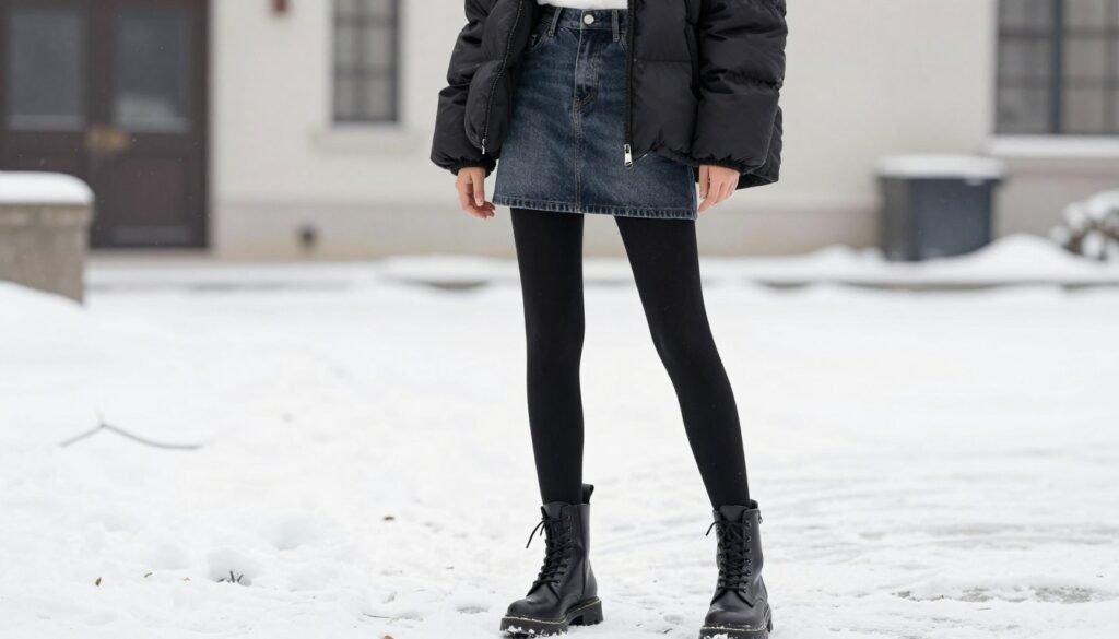 Woman wearing a mini denim skirt with thick tights, combat boots and a puffer jacket for winter