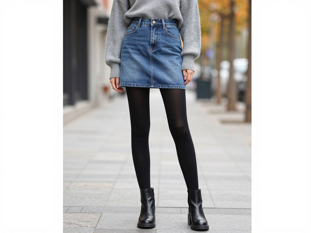 Woman wearing a mini denim skirt with tights, ankle boots and a turtleneck for fall