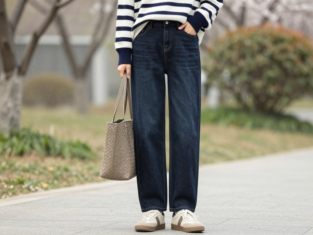 Woman wearing a navy and white striped sweater with dark wash relaxed jeans and beige suede sneakers - casual spring outfits women