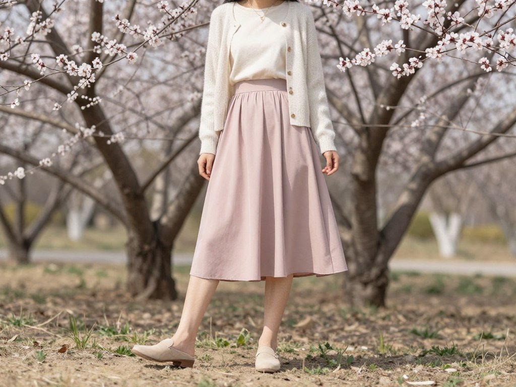 Woman wearing a pastel midi skirt with a light cardigan and mules in spring