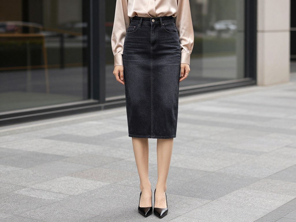 Woman wearing a pencil jean skirt with blouse and heels