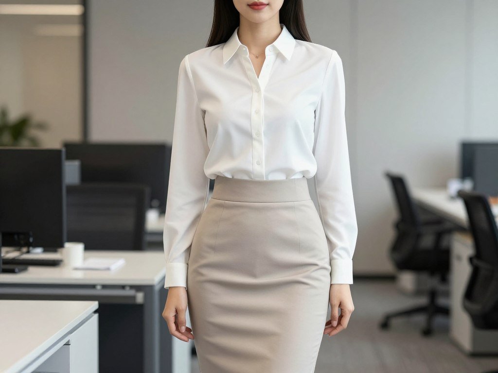 Woman wearing a pencil midi skirt with a tailored blouse in an office setting