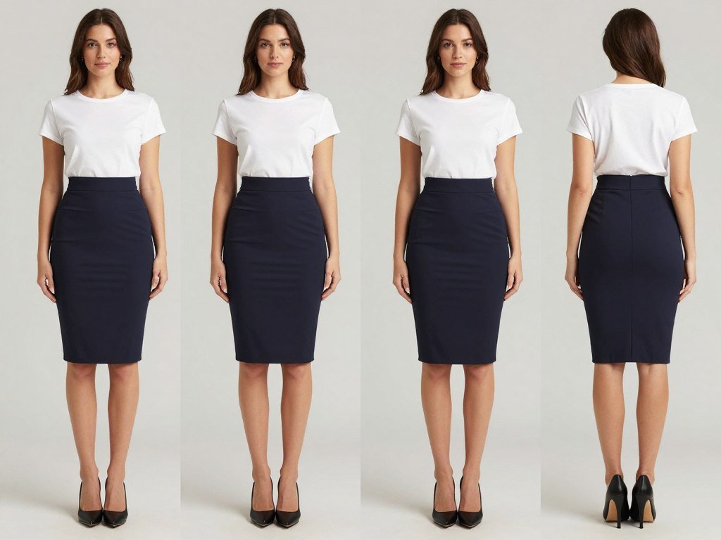 Woman wearing a pencil midi skirt with styling examples