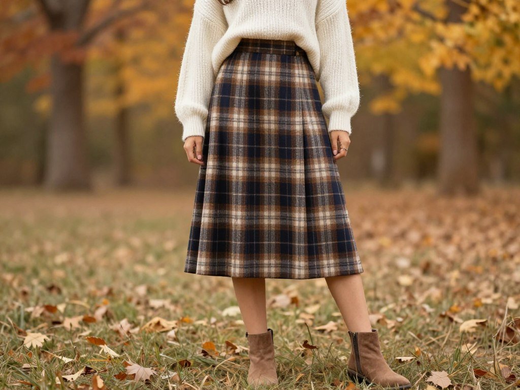 Woman wearing a plaid midi skirt with a chunky sweater and boots in fall