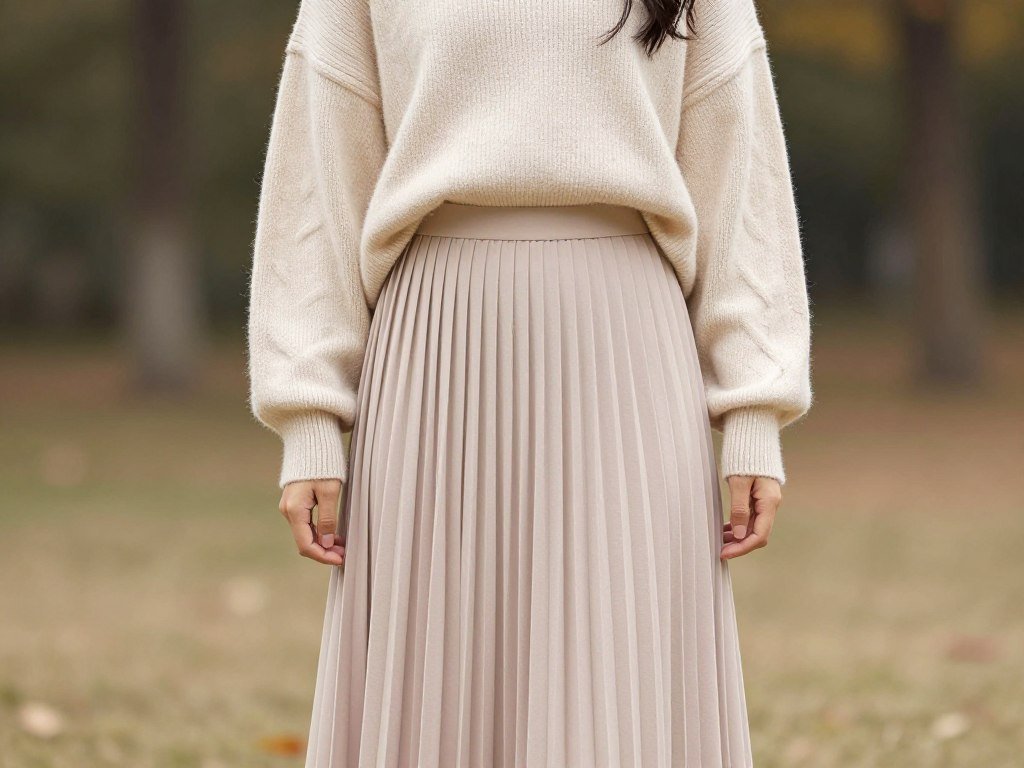 Woman wearing a pleated midi skirt with an oversized sweater