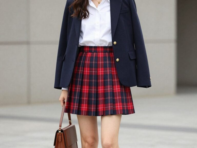 Woman wearing a pleated plaid mini skirt with a white button-down shirt, navy blazer, and loafers