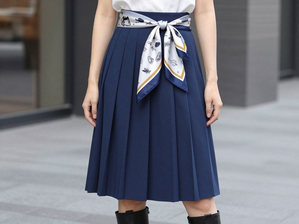 Woman wearing a pleated skirt with a silk scarf tied around the waist as a styling accent