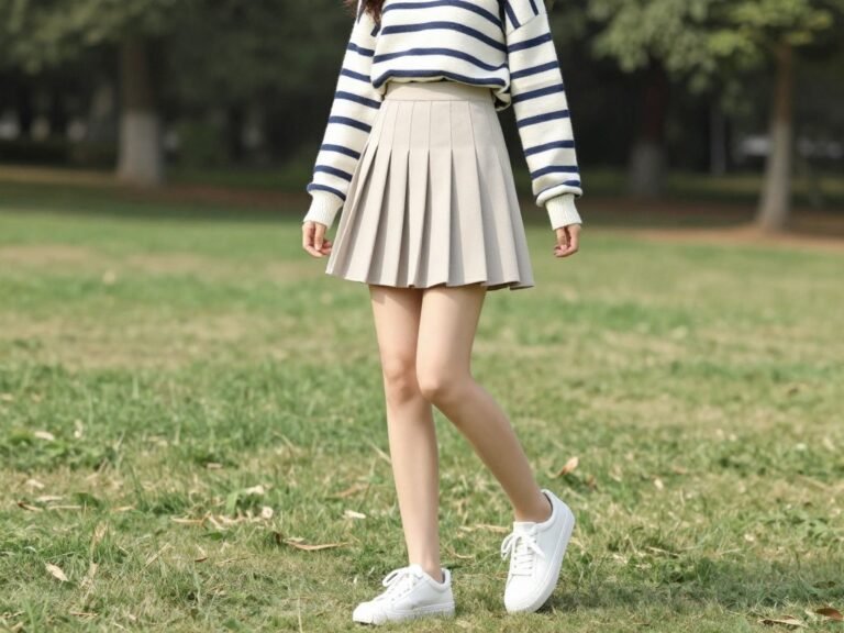 Woman wearing a pleated tennis skirt with a striped pullover sweater and white sneakers in a park setting