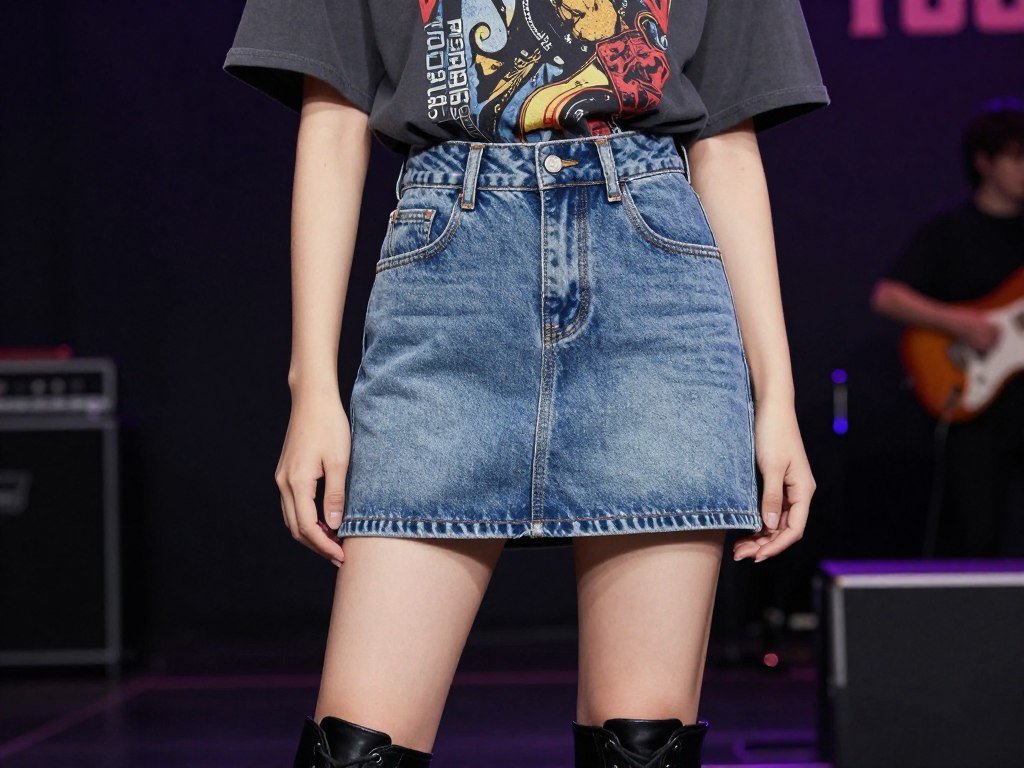 Woman wearing a short denim skirt with a band tee and combat boots for a concert look