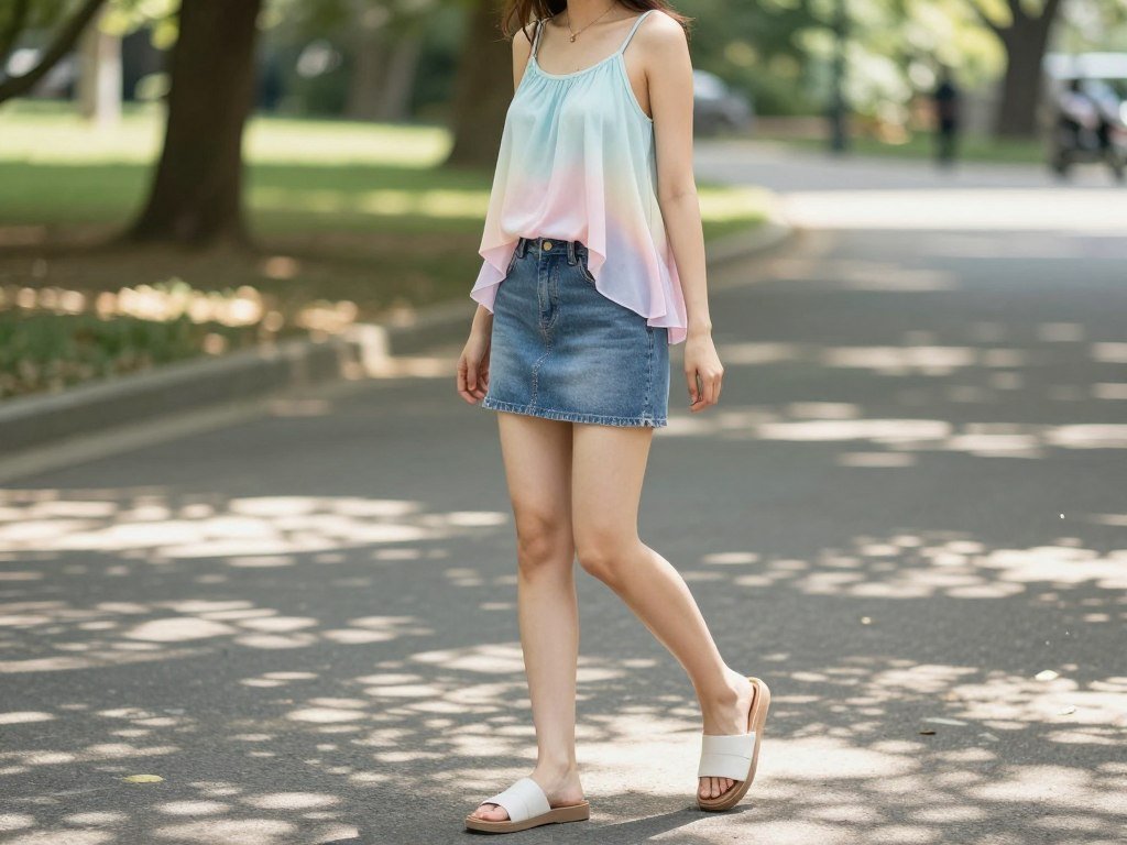 Woman wearing a short denim skirt with a breezy tank top and slide sandals