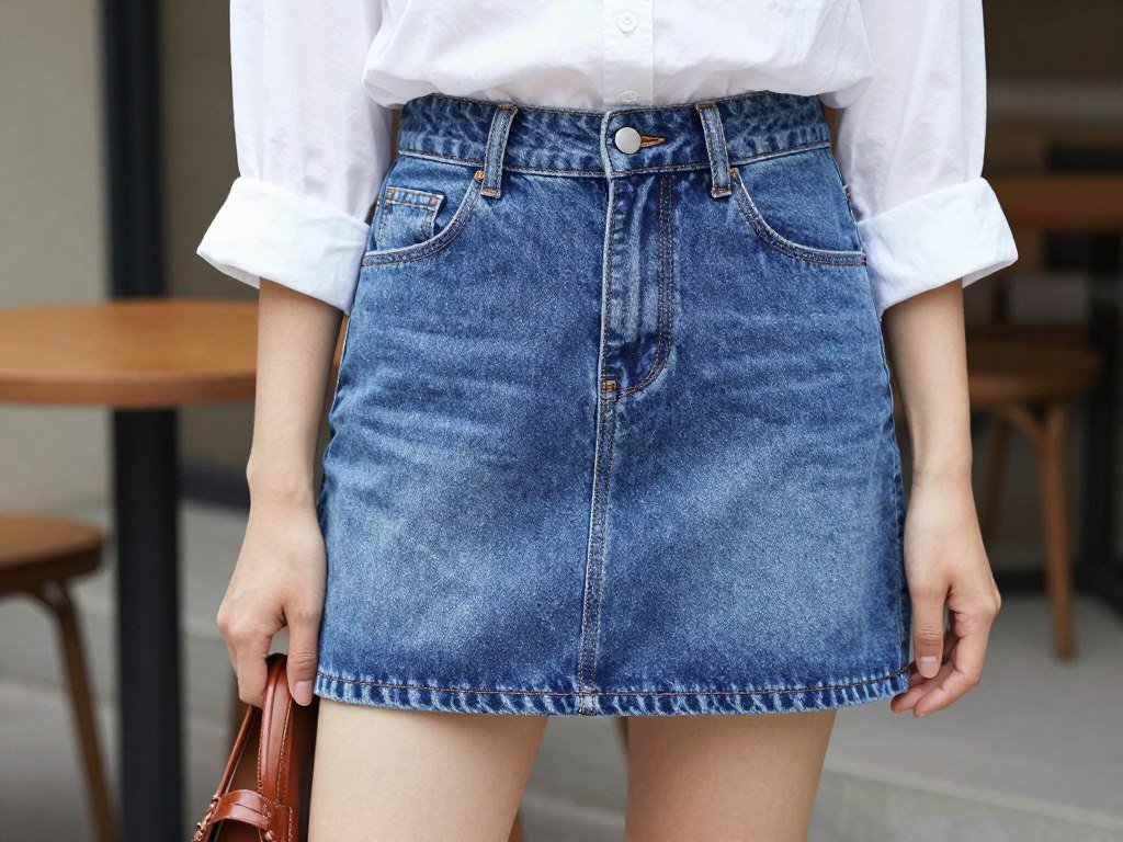 Woman wearing a short denim skirt with a button-up shirt and loafers for an elevated casual look
