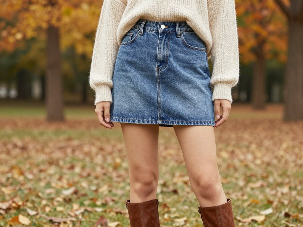 Woman wearing a short denim skirt with a light sweater and ankle boots for fall