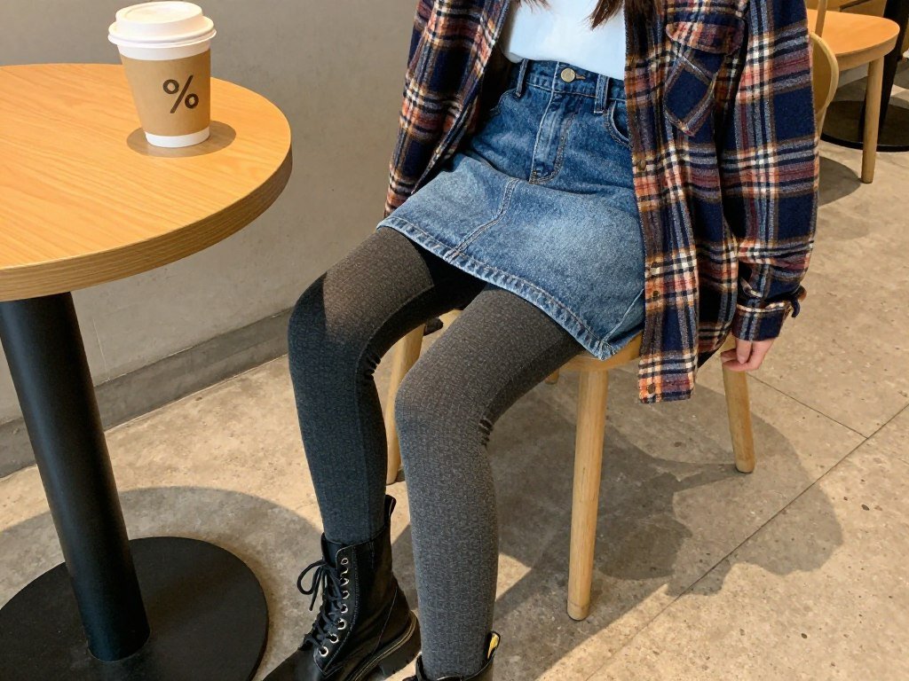 Woman wearing a short denim skirt with a plaid flannel shirt and combat boots