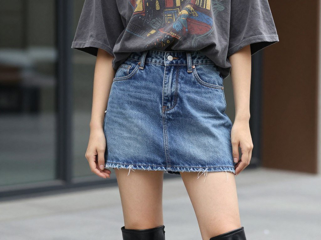 Woman wearing a short denim skirt with an oversized graphic tee and ankle boots for a casual look
