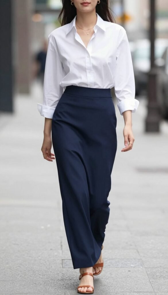 Woman wearing a sleek solid-colored maxi skirt with a tucked-in button-down shirt for a city chic summer maxi skirt outfit