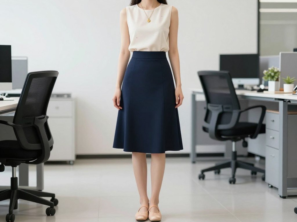 Woman wearing a sleeveless blouse tucked into high-waisted midi skirt with minimal accessories