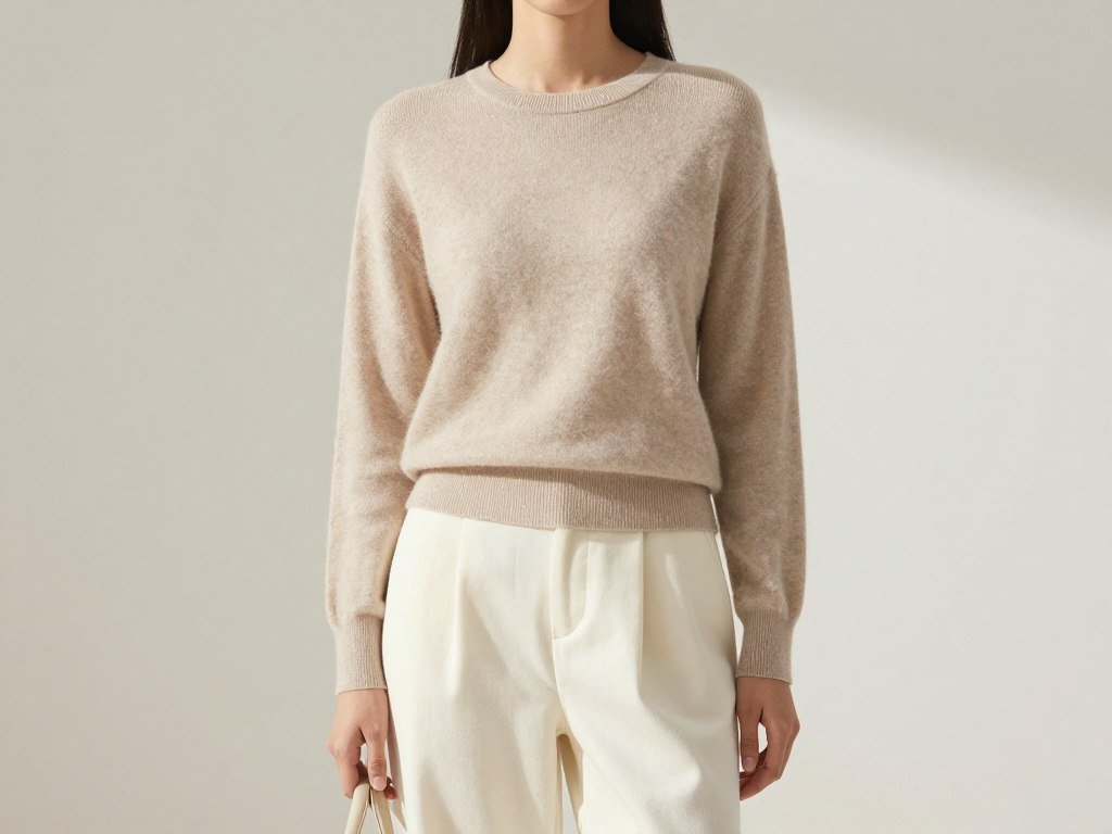 Woman wearing a soft neutral outfit for early spring
