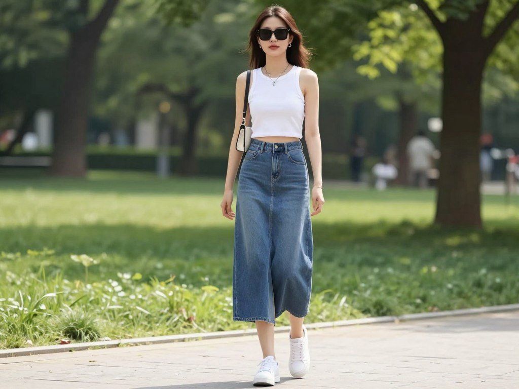 Woman wearing a split-hem long jean skirt with a cropped tank top and sneakers for a casual summer outfit