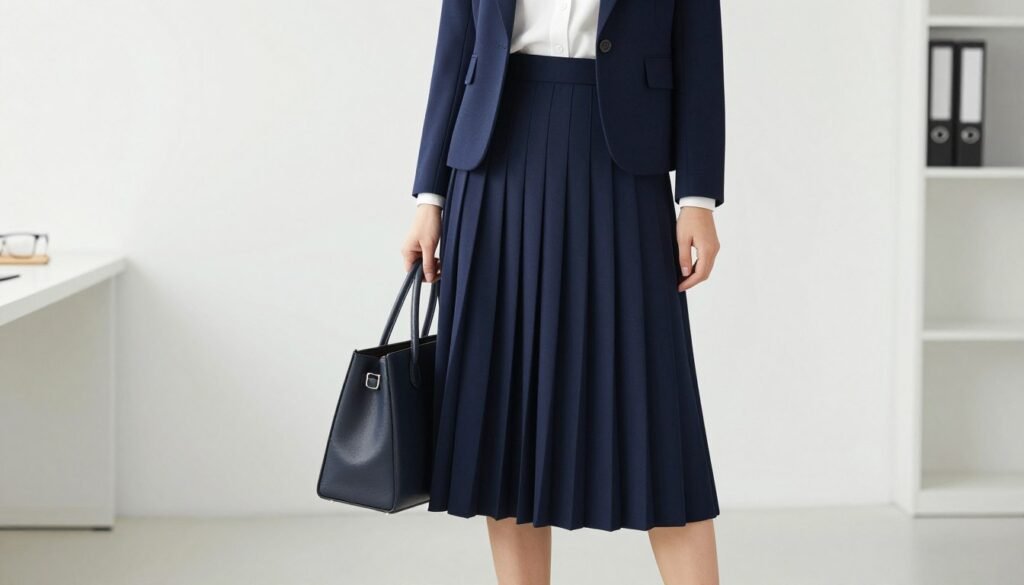 Woman wearing a structured long pleated skirt with a tailored blazer and pointed heels for a professional long skirt outfit