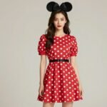 Woman wearing a stylish Minnie Mouse inspired outfit with red polka dot dress and subtle mouse ears