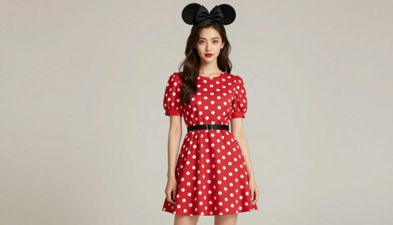 Woman wearing a stylish Minnie Mouse inspired outfit with red polka dot dress and subtle mouse ears