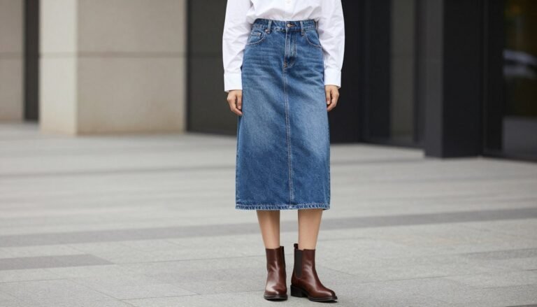 Woman wearing a stylish denim midi skirt paired with a white button-down shirt and ankle boots