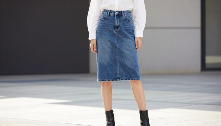 Woman wearing a stylish jean skirt outfit with white blouse and ankle boots