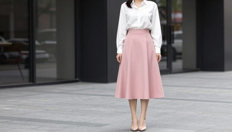 Woman wearing a stylish pink midi skirt paired with a white blouse and nude heels - perfect pink skirt outfit for multiple occasions