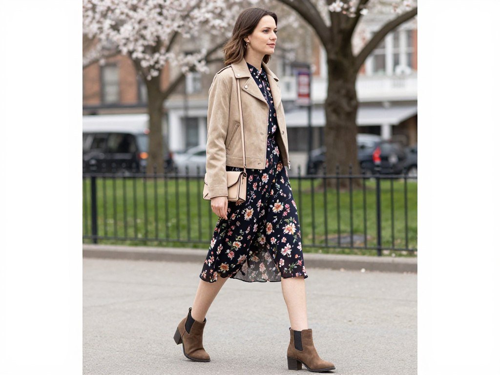 Woman wearing a suede jacket with a floral dress and ankle boots - cute spring layered outfit