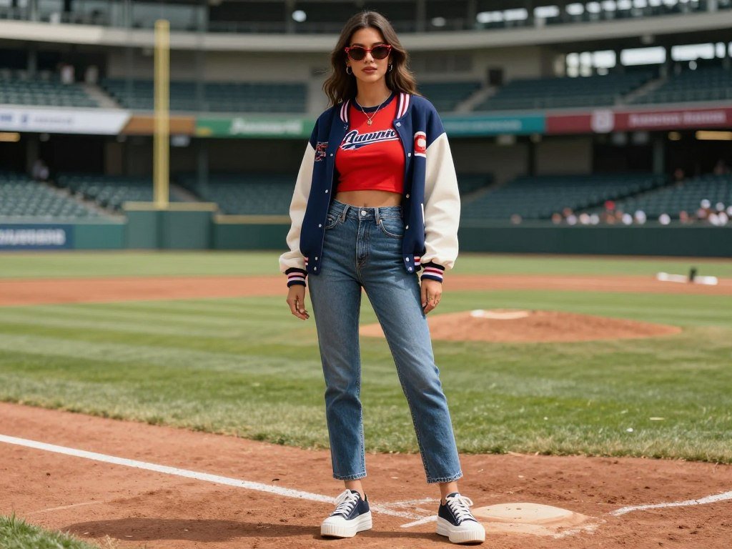 Woman wearing a team-colored crop top, high-waisted jeans, varsity jacket, and platform sneakers for a sporty chic cute baseball game outfit