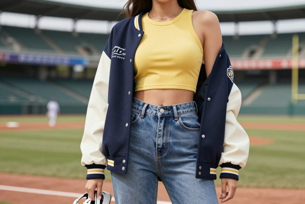 Woman wearing a team-colored crop top with a varsity jacket and jeans for a cute baseball game outfit