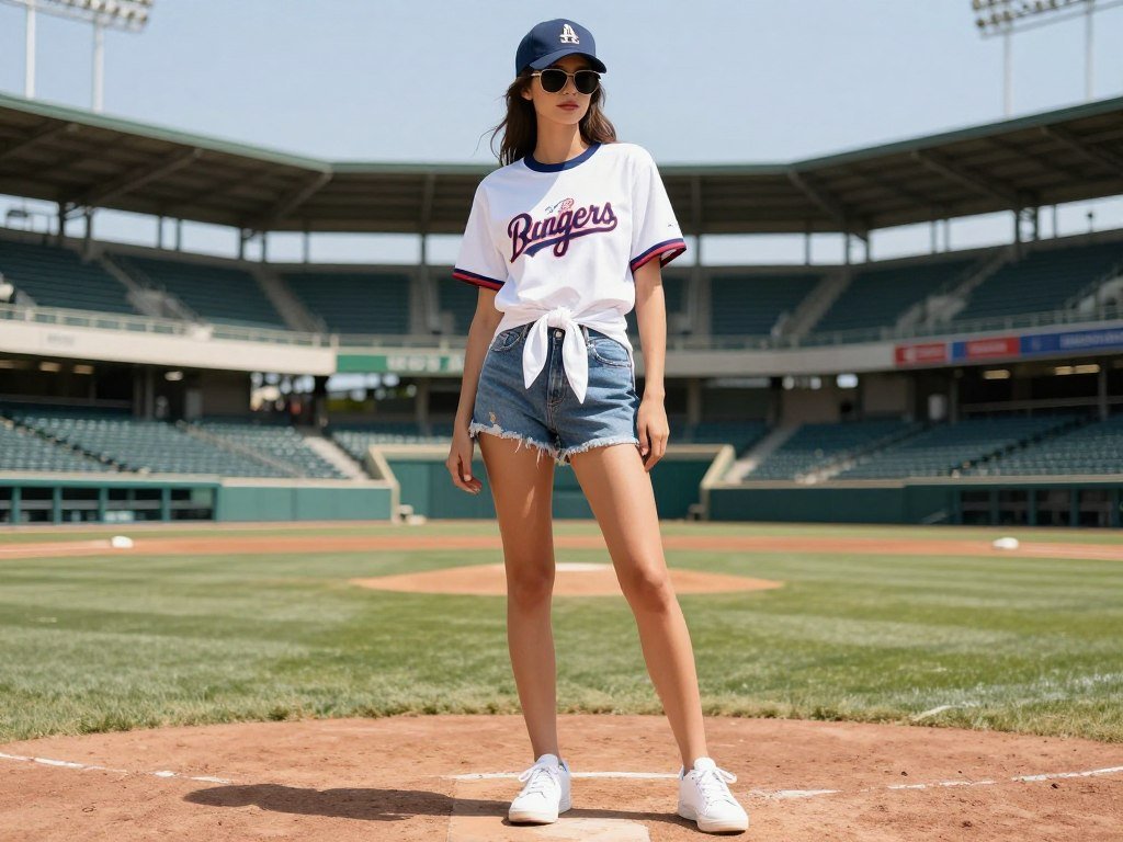 Woman wearing a team t-shirt tied at the waist, denim shorts, white sneakers, and sunglasses for a summer cute baseball game outfit