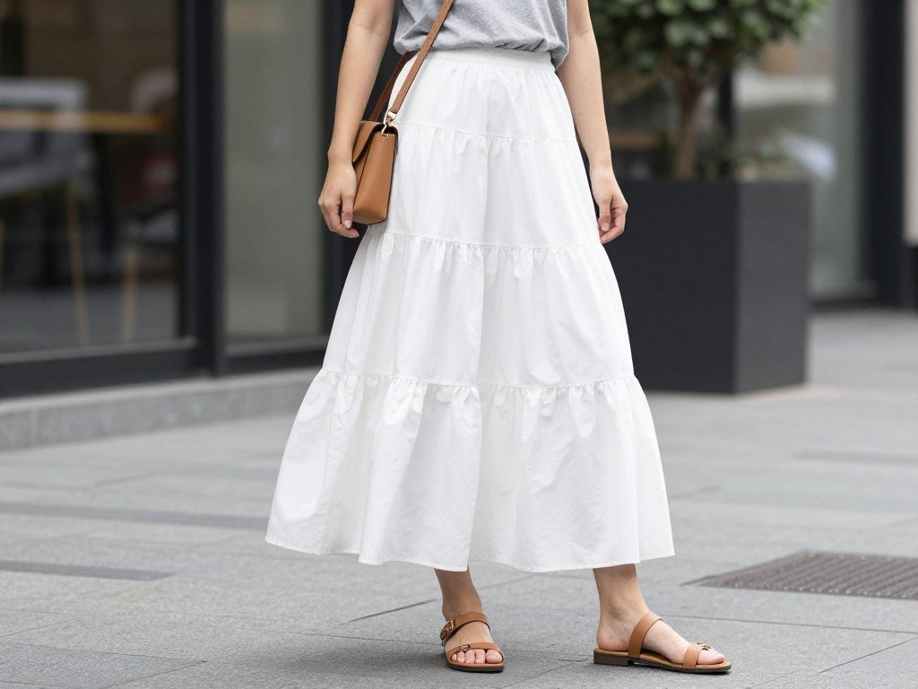 Woman wearing a tiered white maxi skirt with a casual gray t-shirt tucked in, accessorized with a crossbody bag and sandals