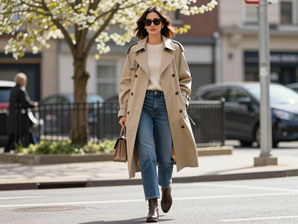 Woman wearing a trench coat over a sweater and straight-leg jeans - cute spring layered outfit