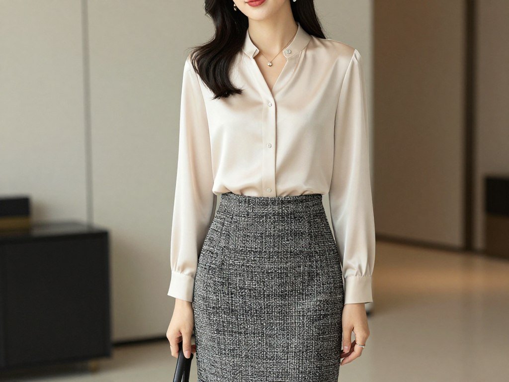 Woman wearing a tweed midi skirt with a silk blouse