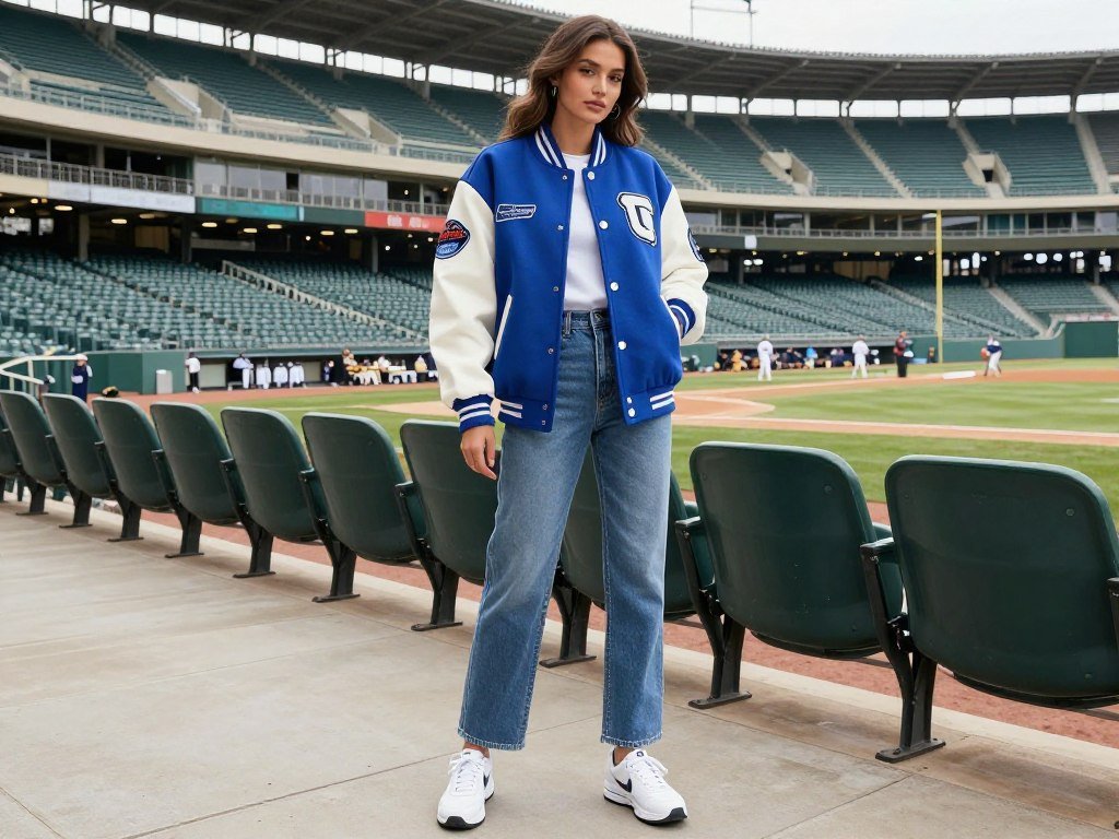 Woman wearing a varsity jacket in team colors with jeans at a baseball game