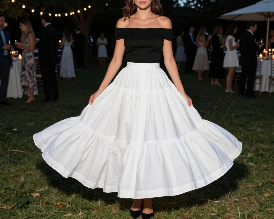 Woman wearing a voluminous white full skirt with a black off-shoulder top and pointed flats