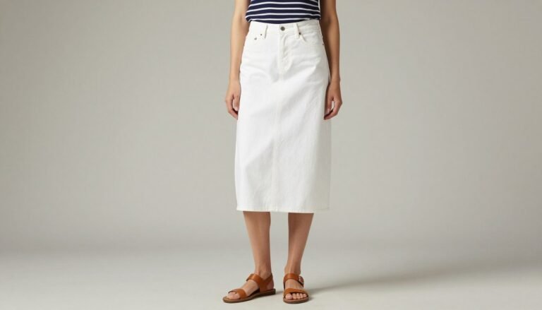 Woman wearing a white denim skirt outfit with a striped tee and sandals