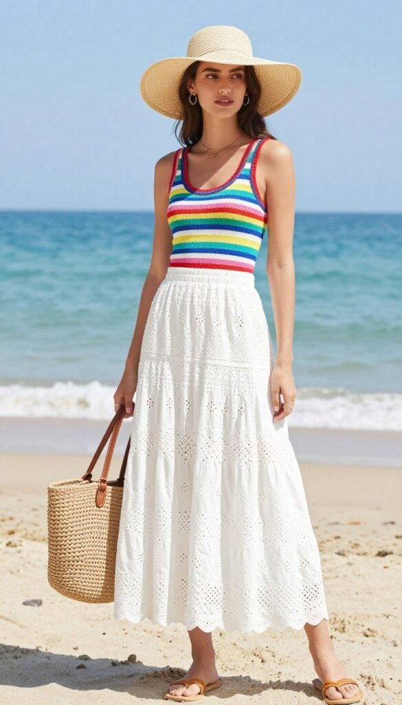 Woman wearing a white eyelet maxi skirt with a colorful striped tank top and straw hat on a beach