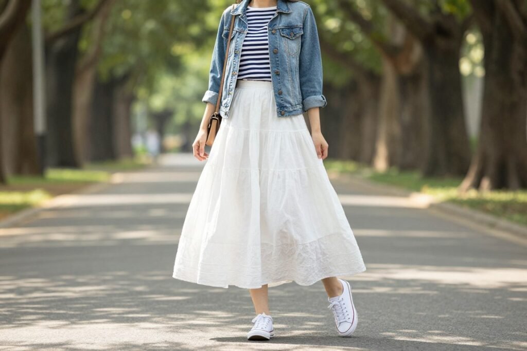 Woman wearing a white maxi skirt paired with a striped t-shirt, denim jacket, and white sneakers in a casual outdoor setting