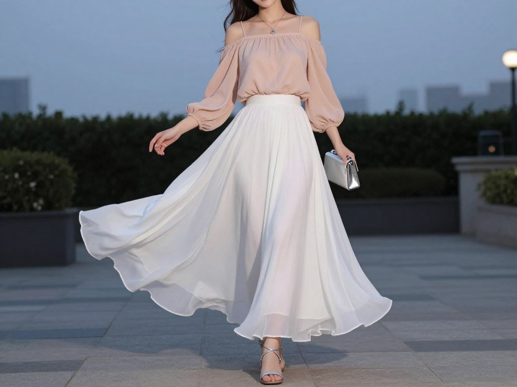 Woman wearing a white maxi skirt with a blush off-shoulder blouse and silver accessories for an elegant evening look