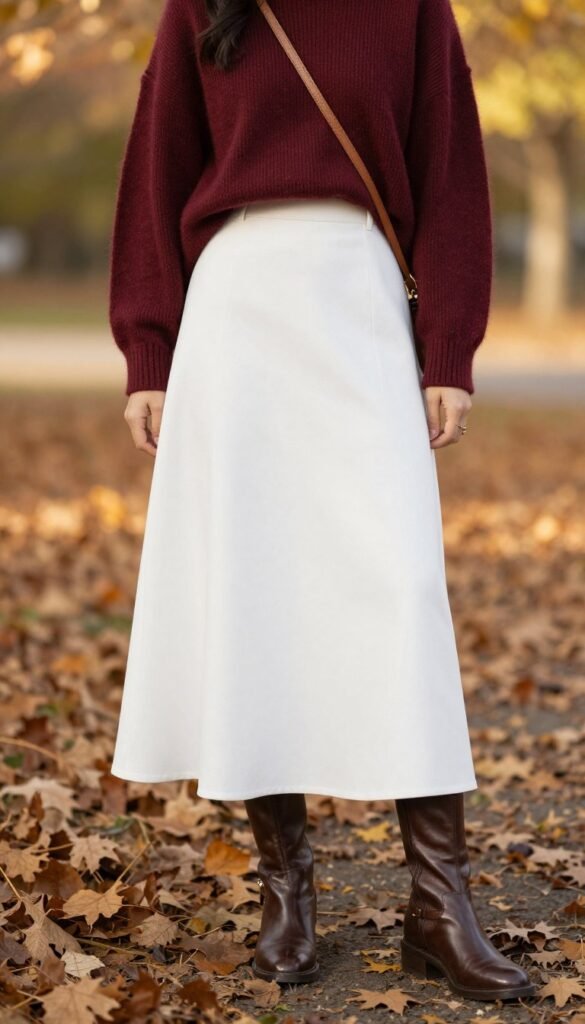 Woman wearing a white maxi skirt with a burgundy oversized sweater and ankle boots for fall