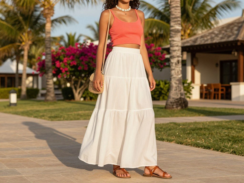 Woman wearing a white maxi skirt with a coral cropped tank top, shell necklace, and raffia accessories at a resort setting