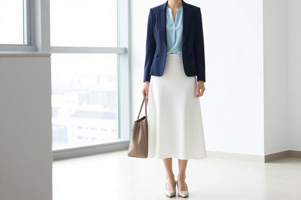 Woman wearing a white maxi skirt with a structured blazer, silk shell top, and pointed flats in an office setting